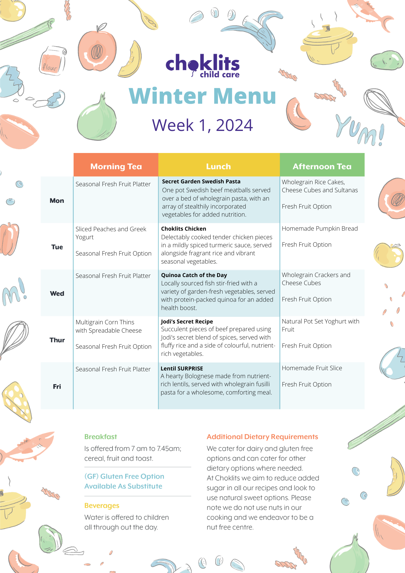 Choklits Child Care Winter Menu 2024 Week 1