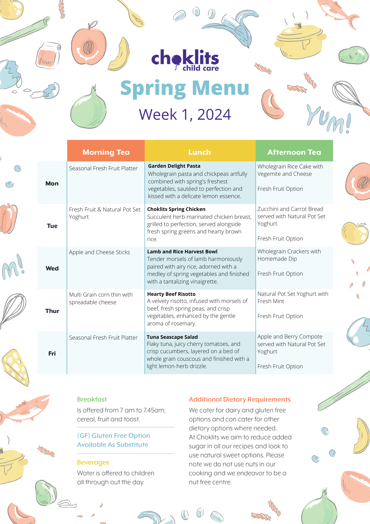 Choklits Child Care Spring Menu 2024 Week 1